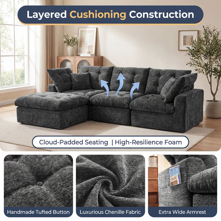 Sonegra 112" Oversized Modular Sectional L Shaped Sofa, Wide & Deep Seat Boneless Cloud Couch With Multi-Purpose Round Pillow, No Assembly (Grey)