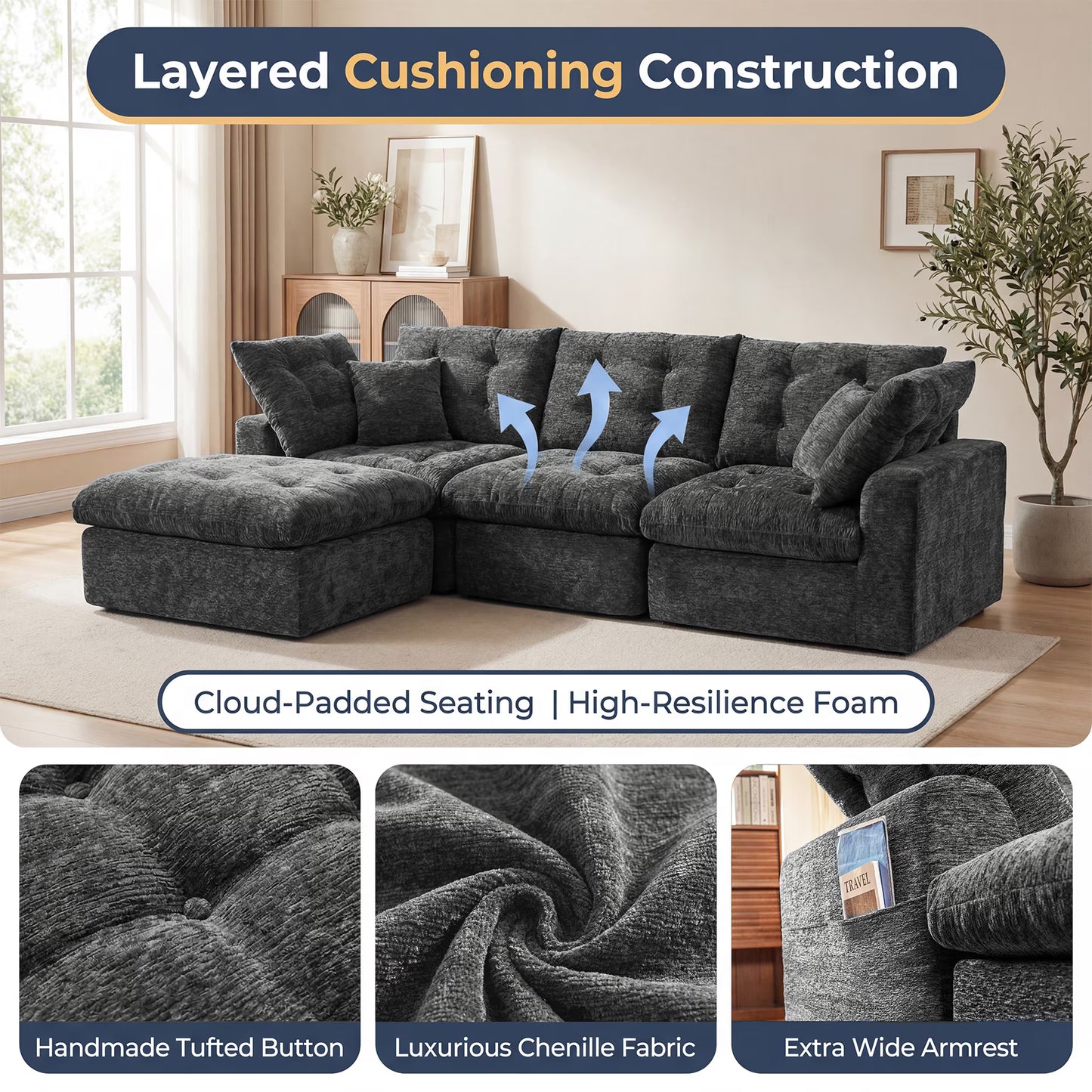 Sonegra 112" Oversized Modular Sectional L Shaped Sofa, Wide & Deep Seat Boneless Cloud Couch With Multi-Purpose Round Pillow, No Assembly (Blue)