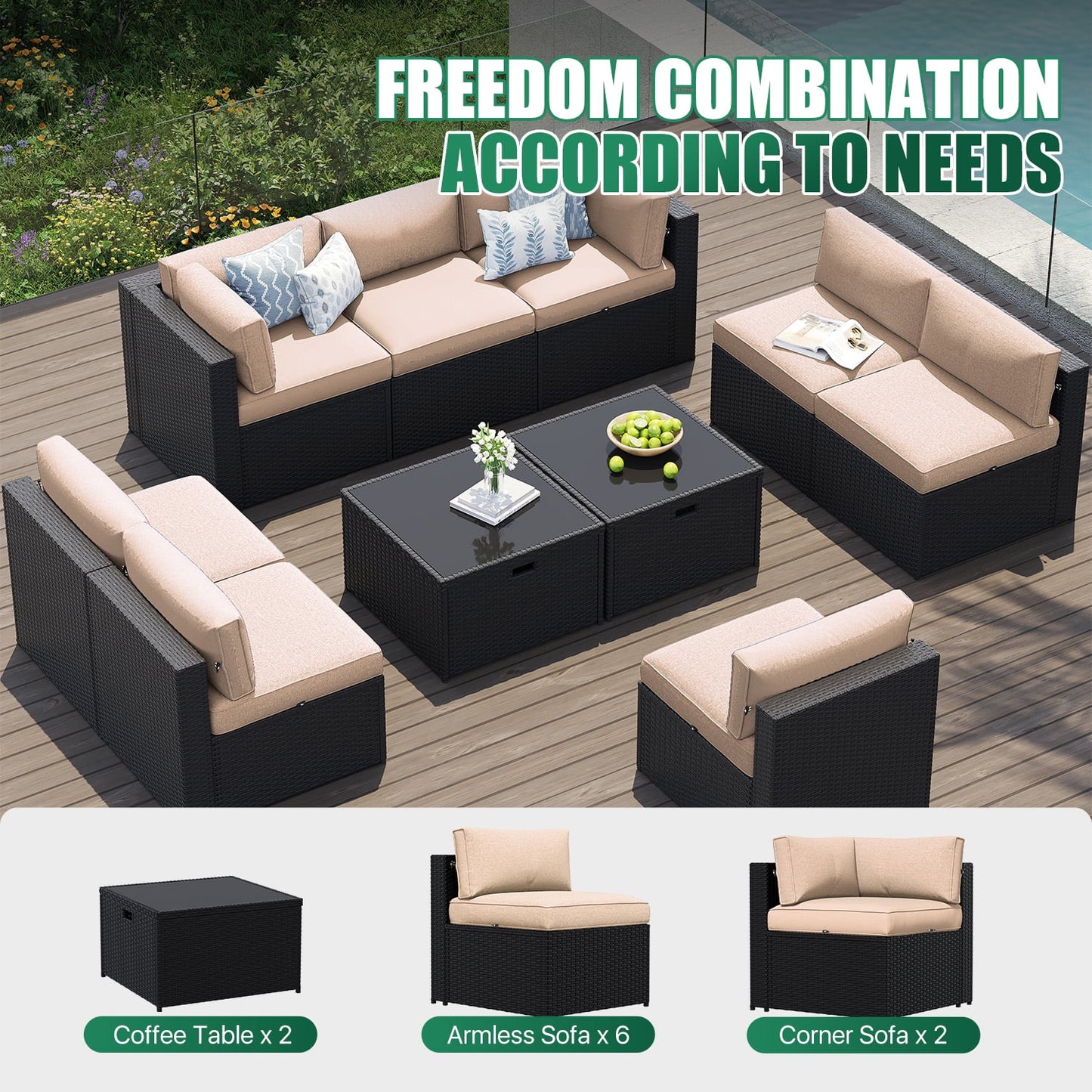 Clouddwell 10-Piece Patio Furniture Set on Sale, Black Rattan Wicker Outdoor Sectional Sofa Couch with Table Patio Conversation Set for Lawn& Backyard,Beige