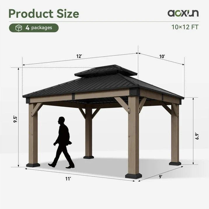 Aoxun 10' x 12' Outdoor Wood Gazebo, Hardtop Gazebo Permanent Wooden Pavilion with Galvanized Steel Double Roof, for Patio, Garden, Deck, Cedar Wood