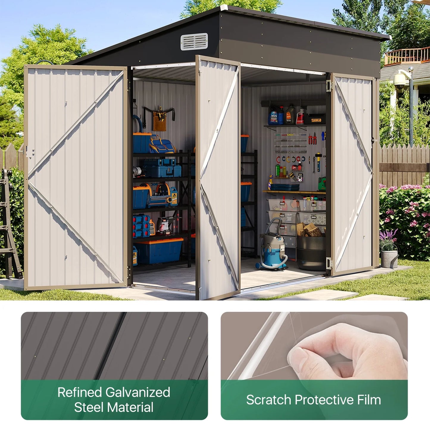 Clouddwell 8ft x 6ft Heavy-Duty Metal Storage Shed with 3 Doors, Lockable Lean-To Design, Weatherproof for Garden & Tools (Brown)