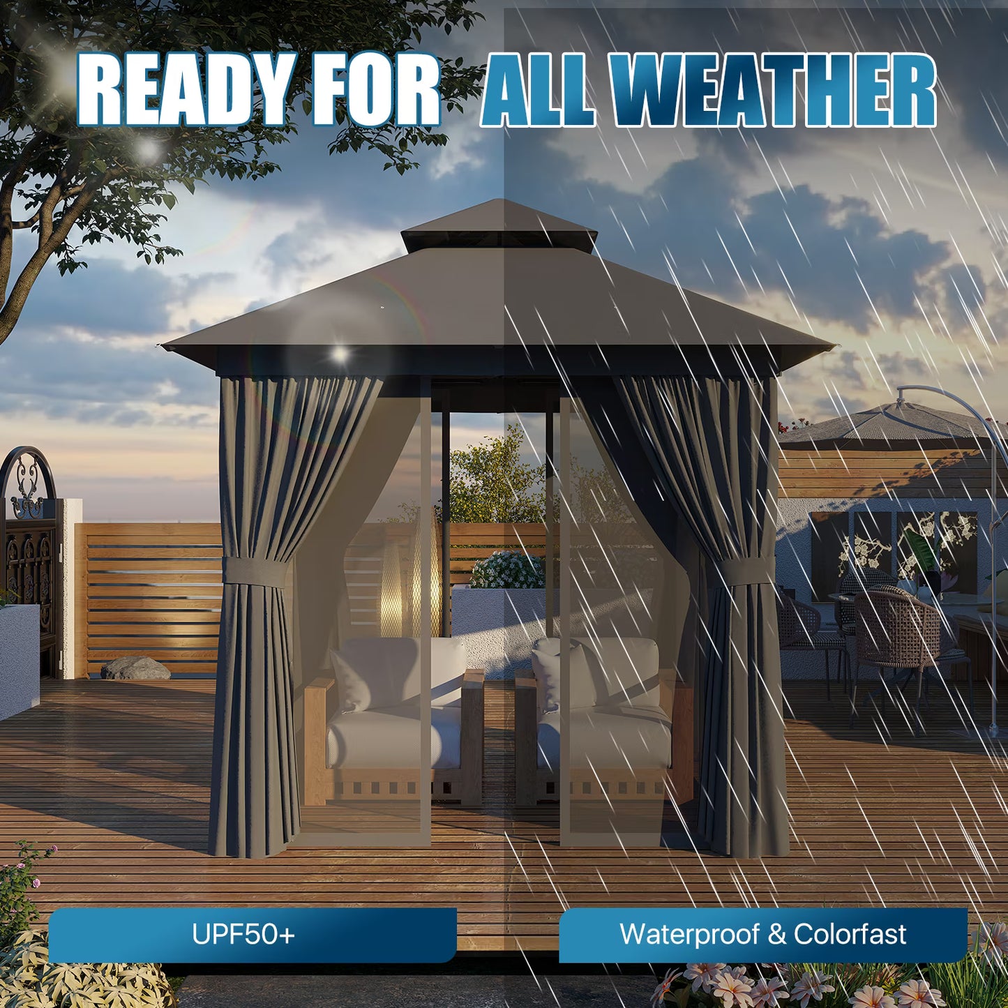 Sunmthink Outdoor Gazebo for Patio 8'x8', Metal Frame Canopy with Double Roofs, Heavy Duty Party Tent and Shelter with Mosquito Netting and Privacy Screen for Backyard,Garden,Deck (Gray)