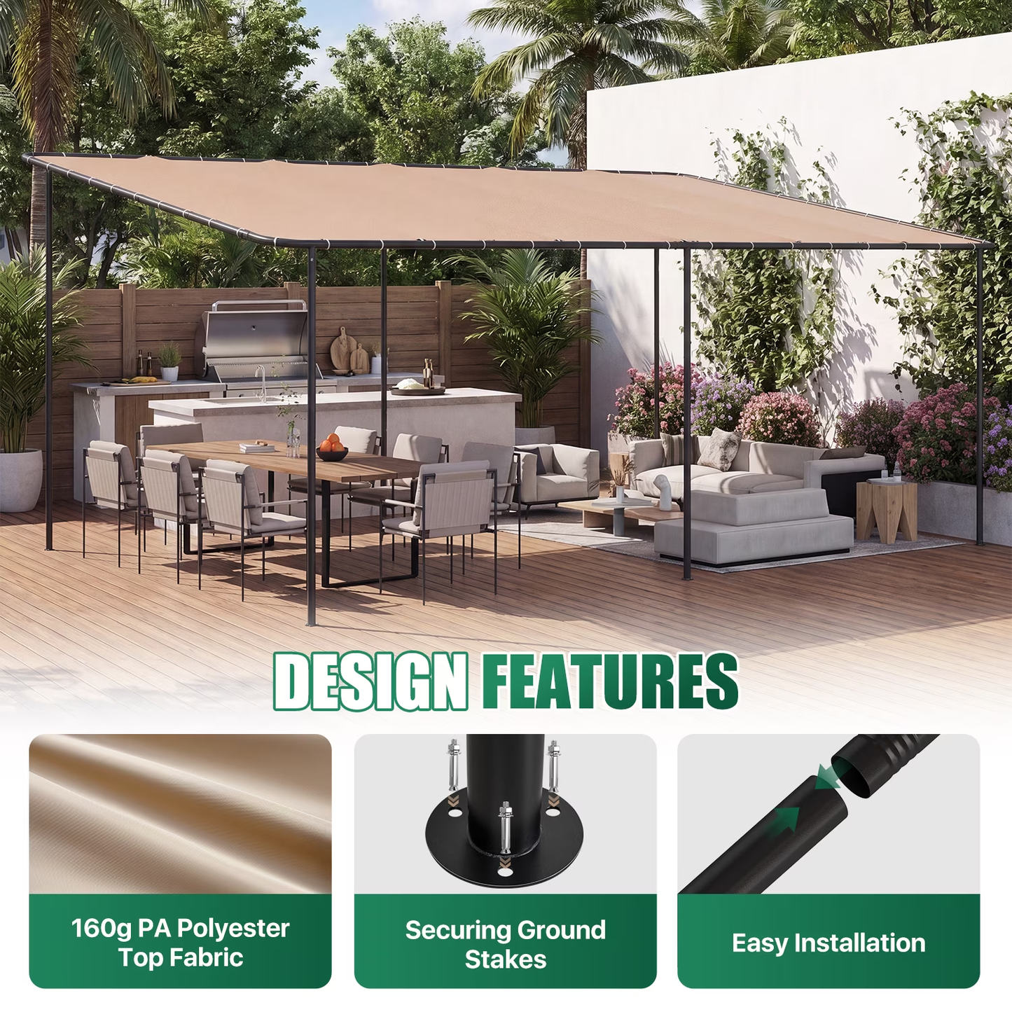 Clouddwell 12×20 FT Wall-Mounted Sloped Roof Outdoor Pergola Canopy, Water-Resistant & UV-Resistant Metal Patio Gazebo for Backyard Garden Porch in Khaki