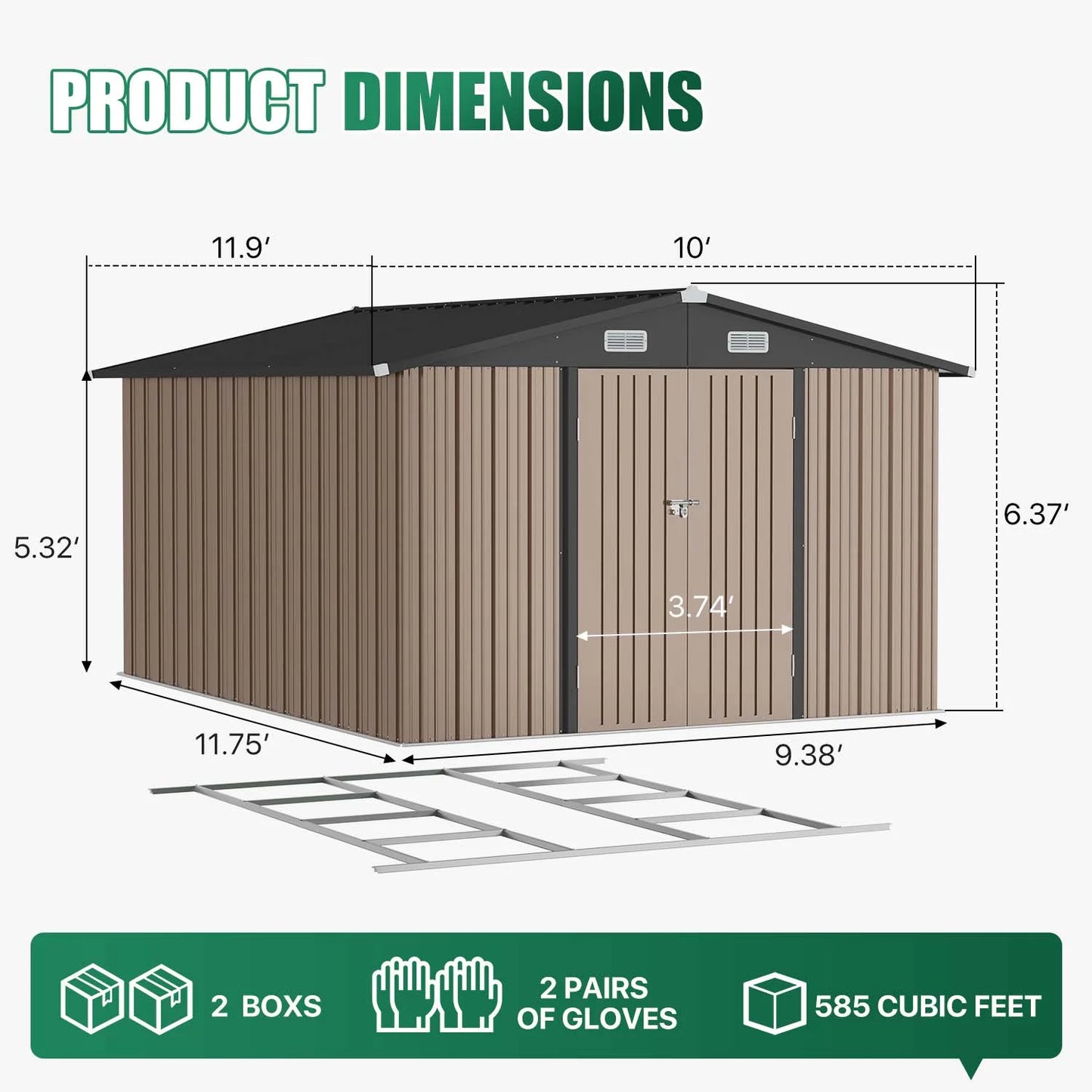 Clouddwell 10x12 ft. Outdoor Storage Shed with Base, Brown Metal Garden Shed with Double Lockable Doors for Backyard, Patio