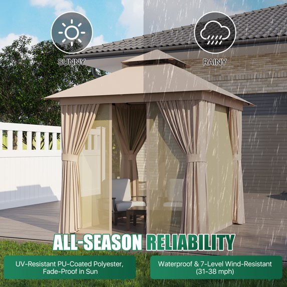Clouddwell 8'x 8' Patio Gazebo Double Roof Protection All-Weather Outdoor Shelter Features Insect Screens & Privacy Curtains Ideal for Backyard, Lawn, (Beige)