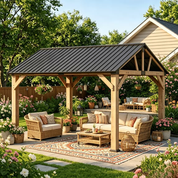 Clouddwell 10' x 12' Wood Gazebo with Hardtop Metal Roof, Outdoor Patio Gazebo for Backyard, Deck, Lawn & Poolside