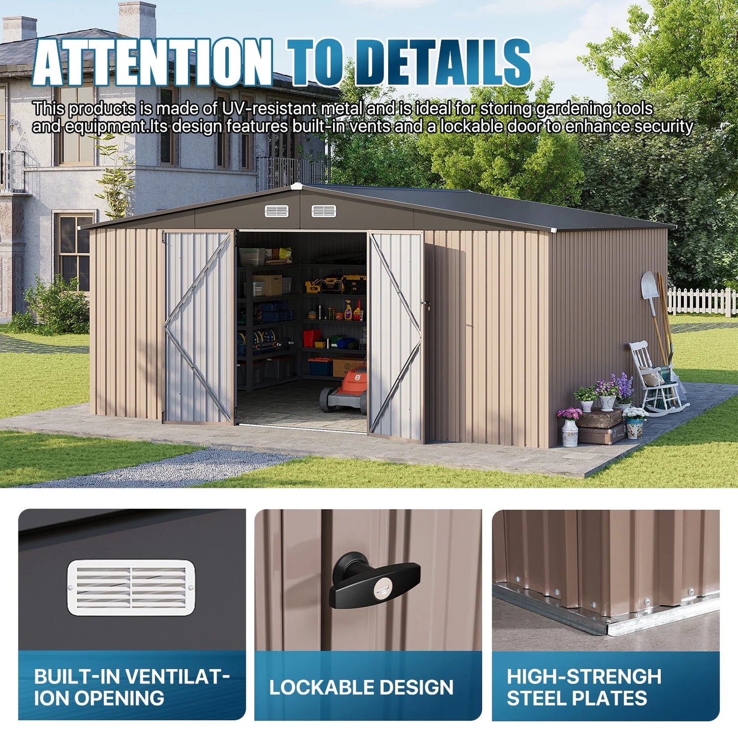 Clouddwell 12 x 14FT Shed Outdoor Storage Shed with Double Hinged Large Door, Large Metal Shed with Lockable Door & Sloped Roof for Garden, Backyard, Patio and Backyard, Brown