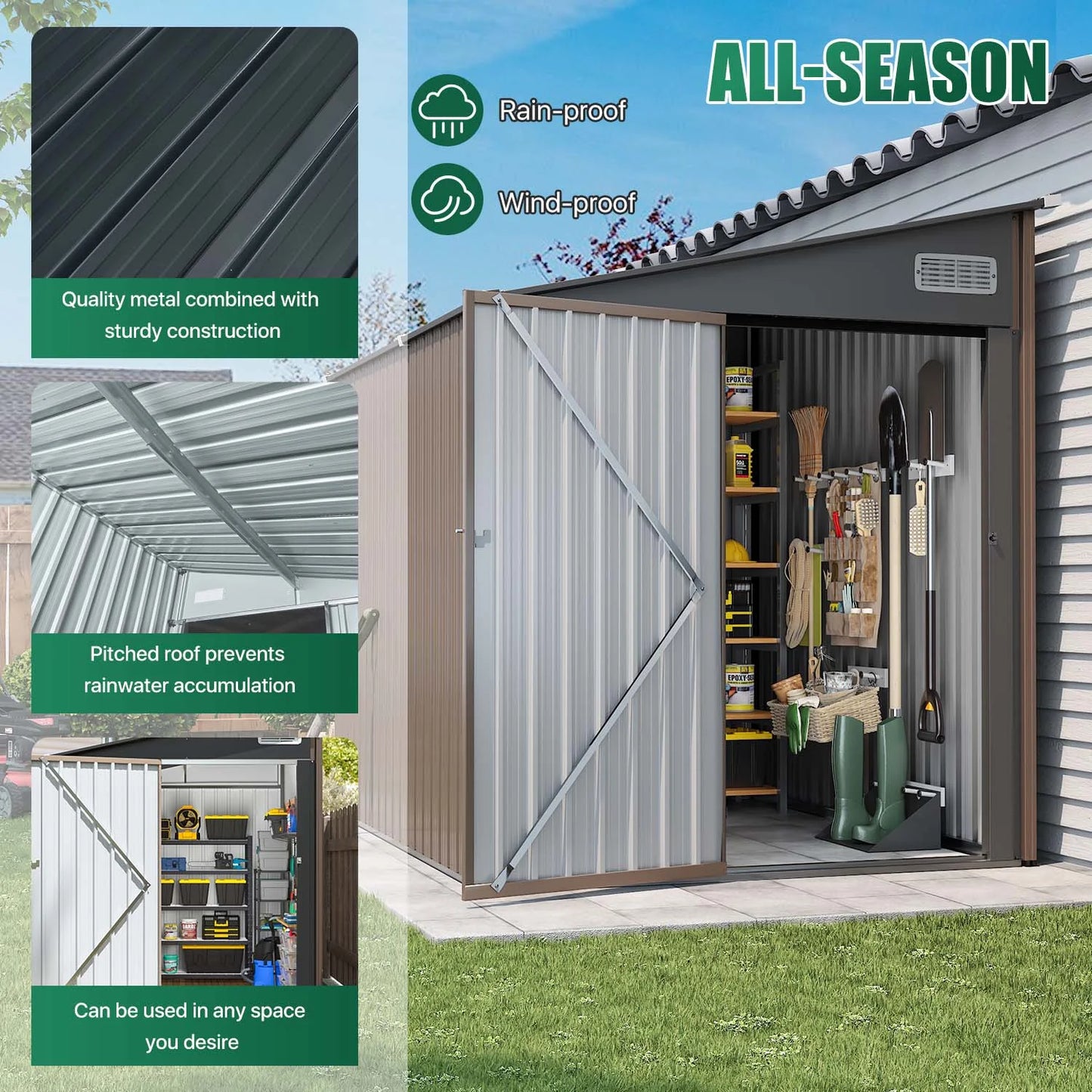 Clouddwell 7 x 5.5 Ft. Outdoor Metal Storage Shed, Lockable Lean-To Galvanized Steel Utility Shed with Slanted Roof, Brown