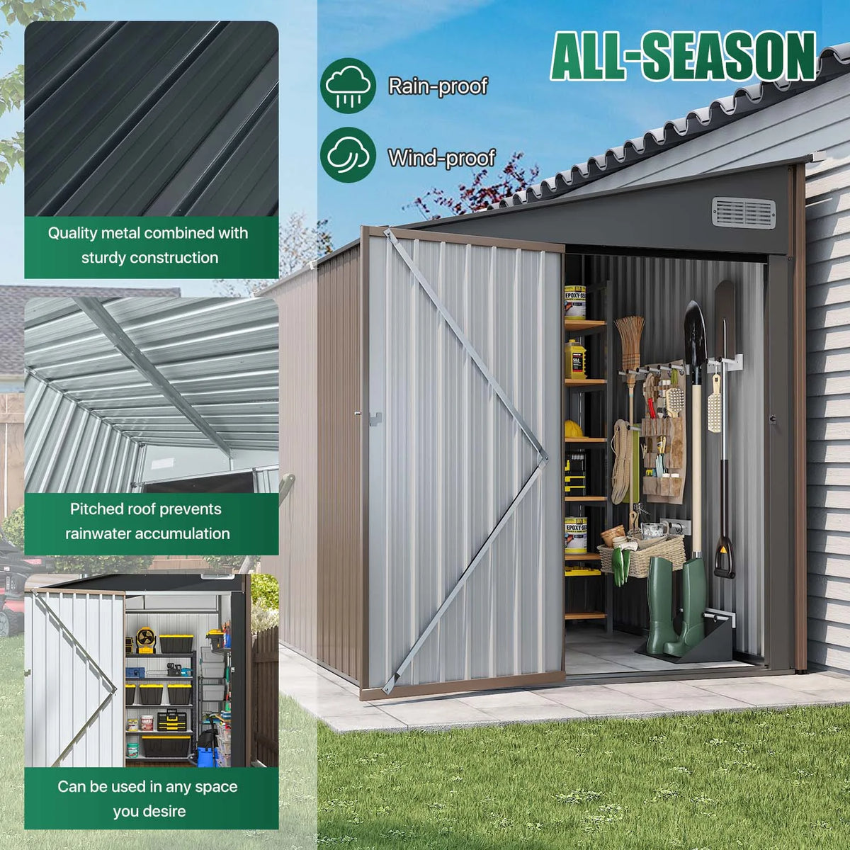 Clouddwell 7.5 x 6 Ft. Outdoor Metal Storage Shed, Lockable Lean-To Galvanized Steel Utility Shed with Slanted Roof, Brown