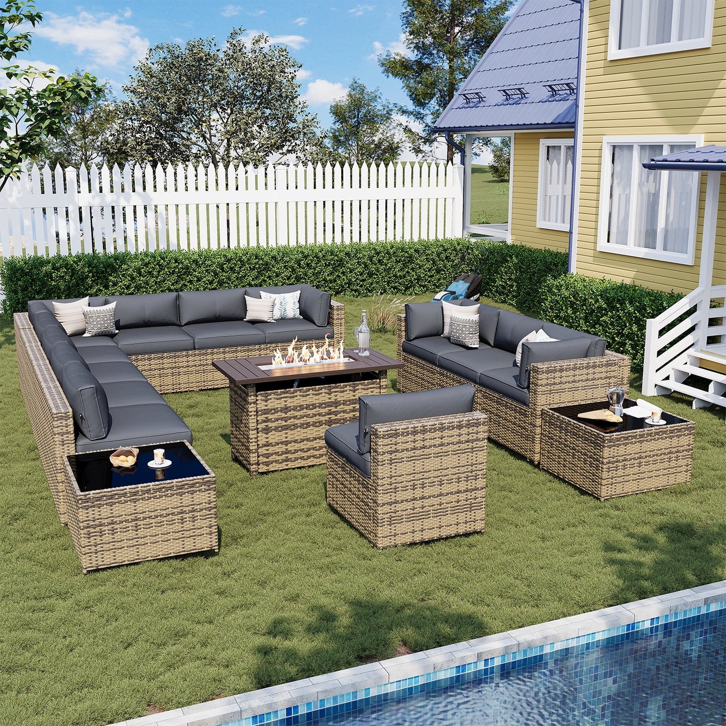 Sunmthink Patio Furniture Sets, 15-Piece Outdoor Patio Furniture with 44'' Propane Gas Firepit Table, Wicker Outdoor Conversation Set and Waterproof Cover for Backyard, Poolside, Garden