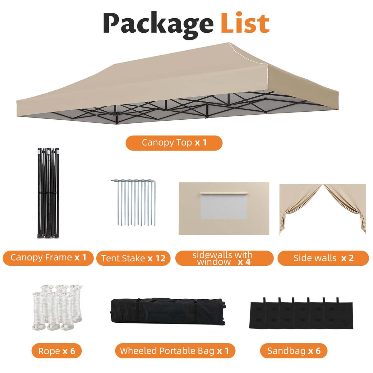 Dateyes 10x20 FT Pop Up Canopy with Mesh Window Sidewalls, Portable Ez Setup Heavy Duty Canopy Tent with Sandbags, Instant Shelter for Outdoor Event, Party, Commercial, Beige