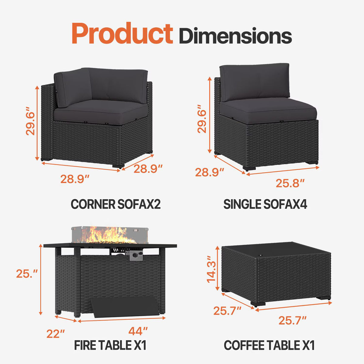Dateyes 8-Piece Patio Furniture Set with Fire Pit, All-Weather Wicker Rattan Outdoor Sectional Sofa Set with Coffee Table (Dark Gray)