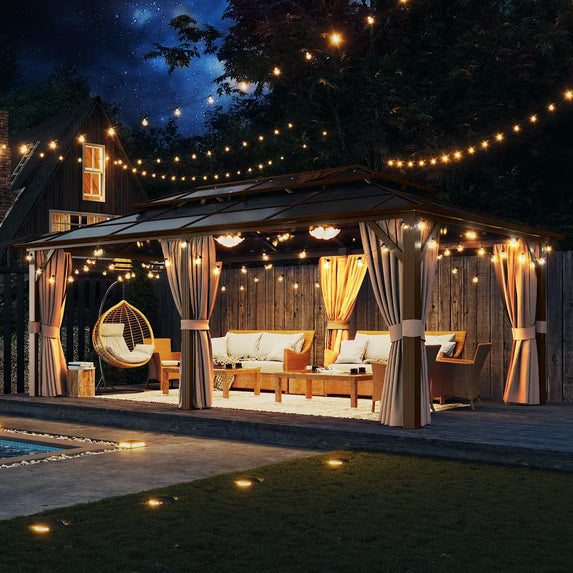 Aoxun 12 ft. x 20 ft. Hardtop Gazebo, Aluminum Frame Permanent Pavilion with Curtains and Netting, Outdoor Polycarbonate Double Roof Canopy, Designed for Garden, Lawns, Patio
