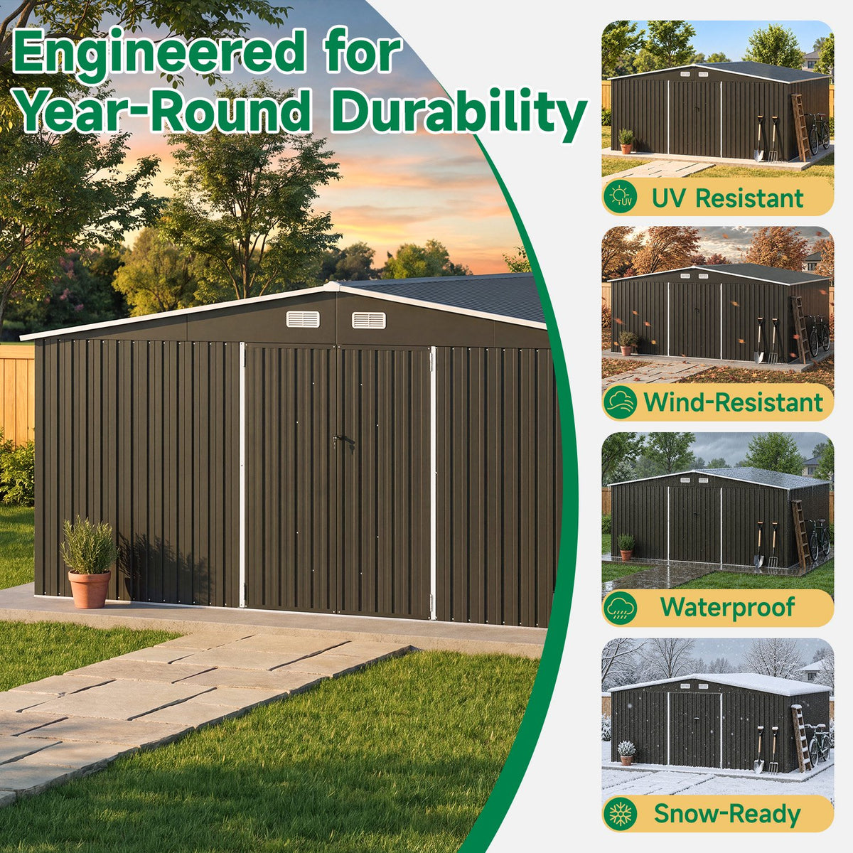Clouddwell 14 ft. x 12 ft. Outdoor Storage Shed, 800 cu. ft. Brown Steel Utility Shed with Lockable Door for Garden, Black