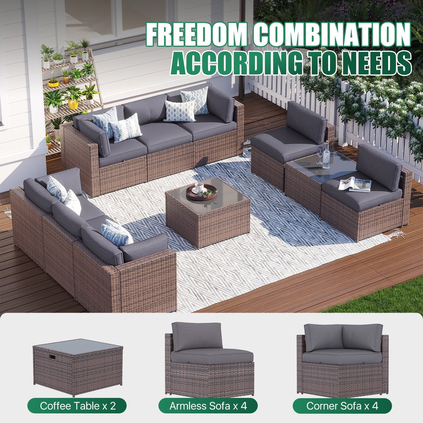 Clouddwell 10 Piece Patio Furniture Set Wicker Rattan Patio Conversation Set Outdoor Sectional Sofa Set with Coffee Table and Gray Cushions(Waterproof Cover Included)