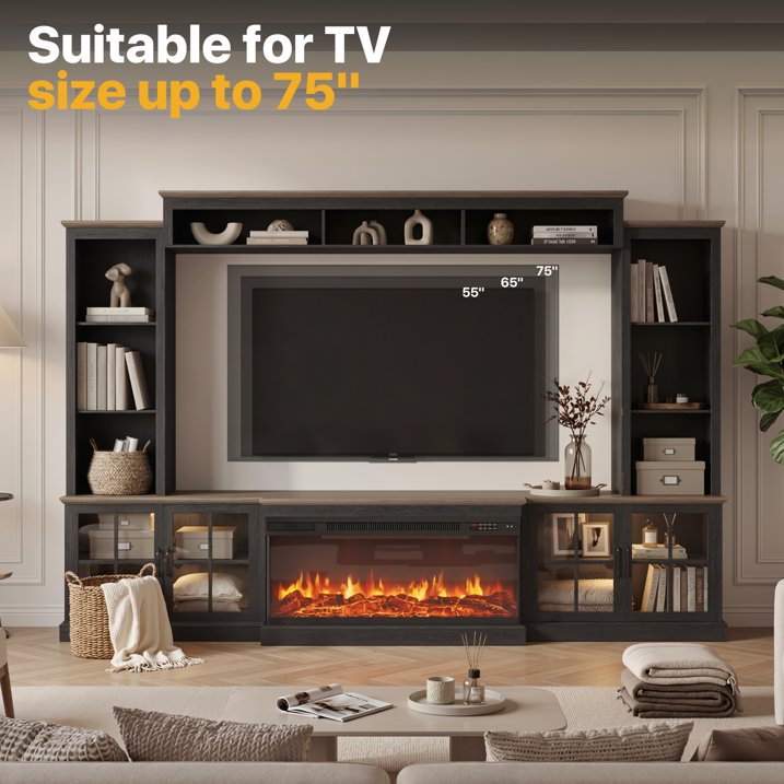 Sonegra 98" Farmhouse Entertainment Center with 36" Fireplace, TV Stand, Bookshelf, Cabinet, Fits TVs up to 75", Media Console with Power Outlets and Barn Doors for Living Room, Black