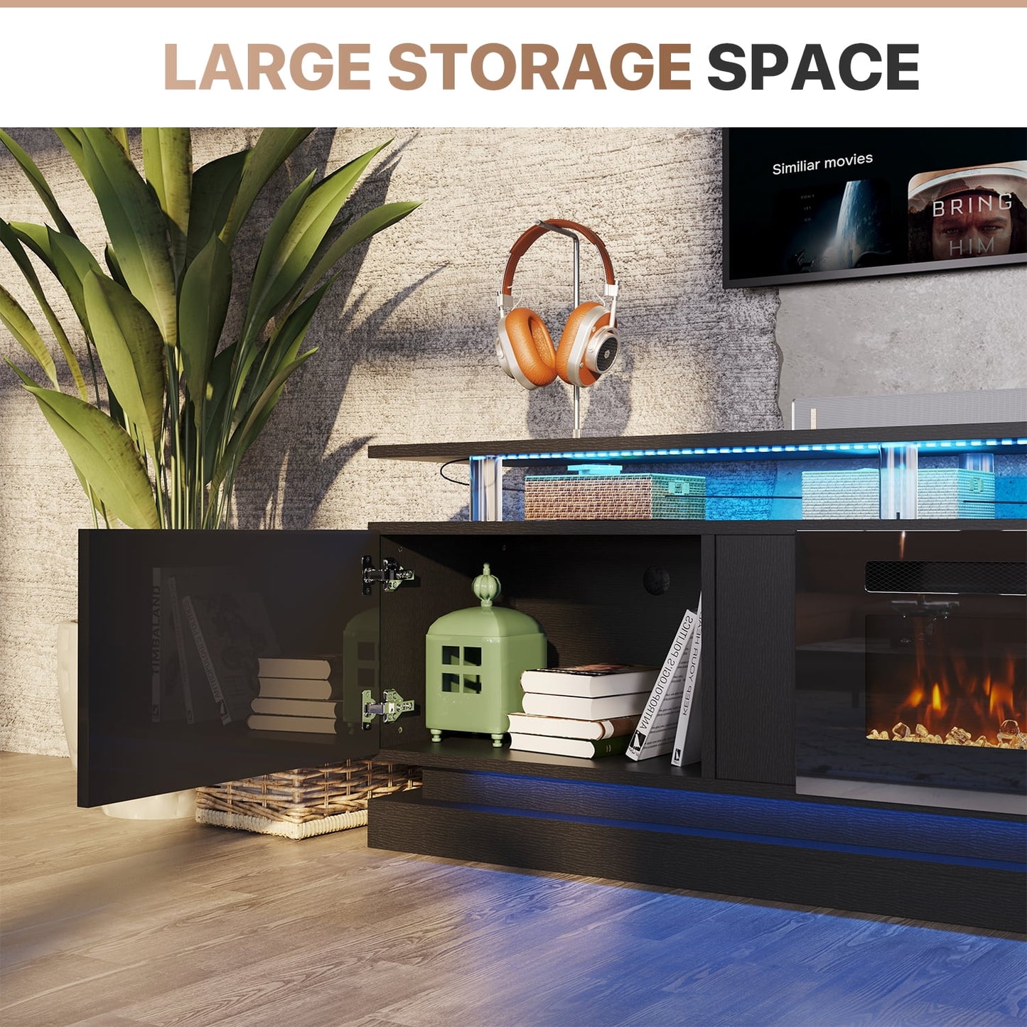 Sonegra Modern Fireplace TV Stand for TVs Up to 90" with Music Sync LED, 80" Entertainment Center with Electric Fireplace, TV Console with Storage Cabinets for Living Room, Black