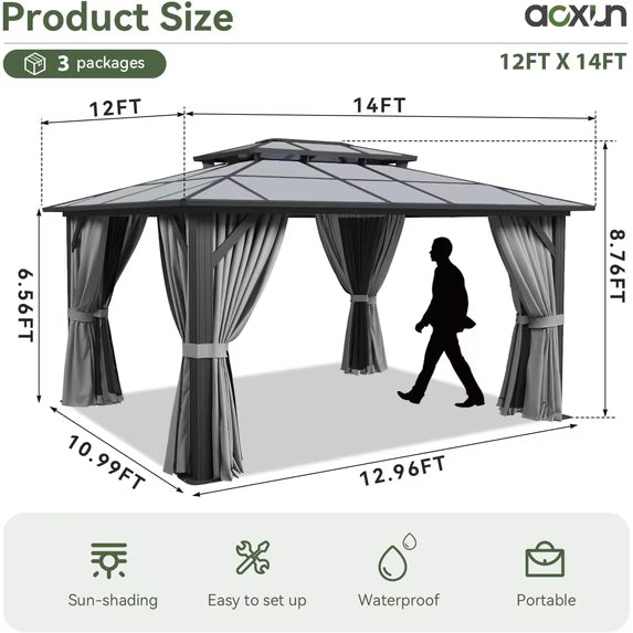 Aoxun 12'x14' Hardtop Gazebo, Aluminum Frame Permanent Pavilion with Curtains and Netting, Outdoor Polycarbonate Double Roof Canopy, Designed for Garden, Lawns, Patio, Gray