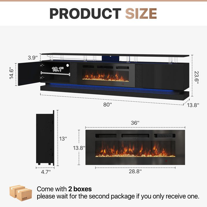 Sonegra Modern Fireplace TV Stand for TVs Up to 90" with Music Sync LED, 80" Entertainment Center with Electric Fireplace, TV Console with Storage Cabinets for Living Room, Black