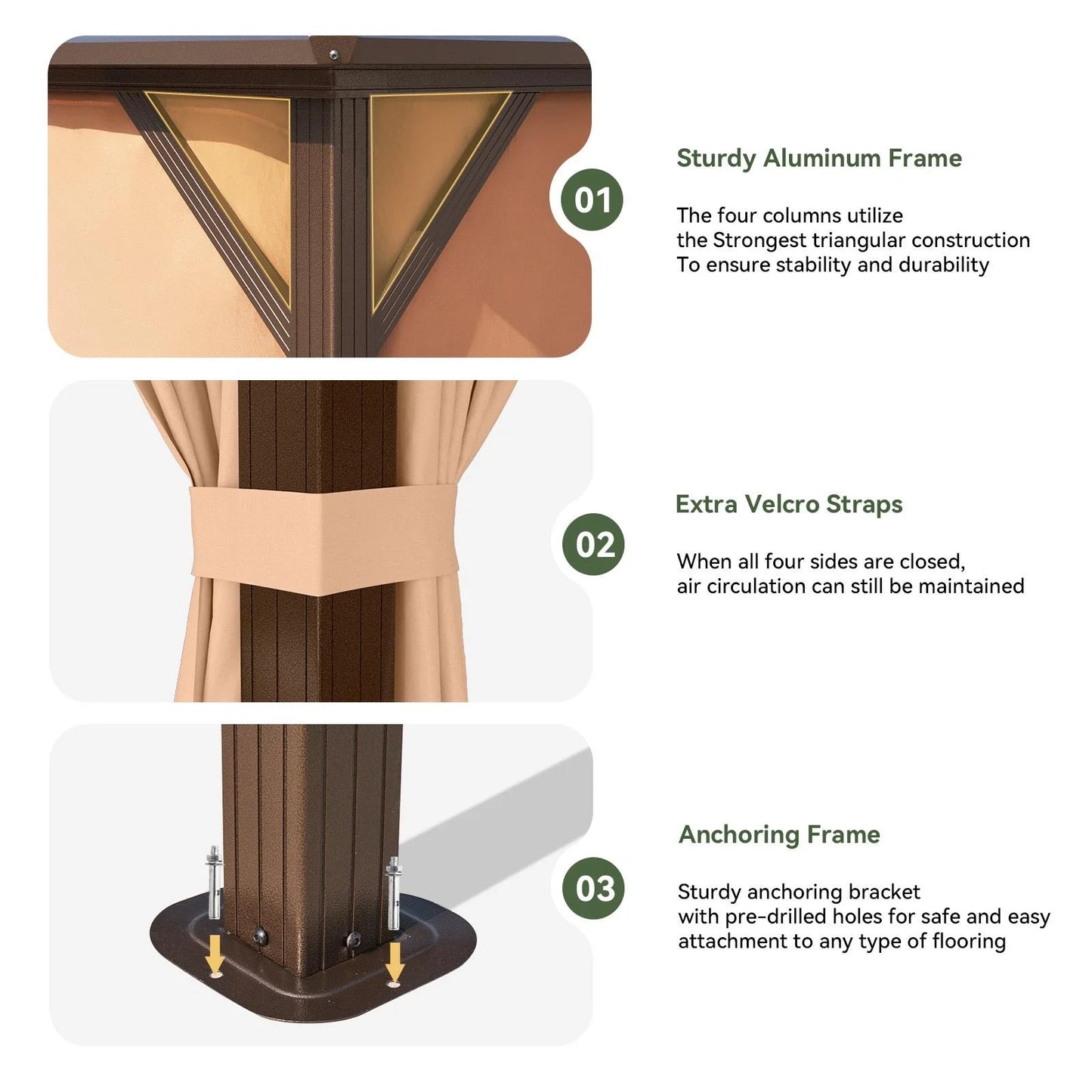 Aoxun 10 ft. x 12 ft. Hardtop Gazebo, Double Polycarbonate Roof Aluminum Frame Gazebo W/Curtain and Netting, Brown