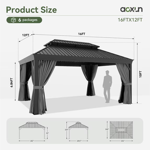 BaPiPro 16' x 12' Hardtop Gazebo, Aluminum Frame with Curtains and Netting