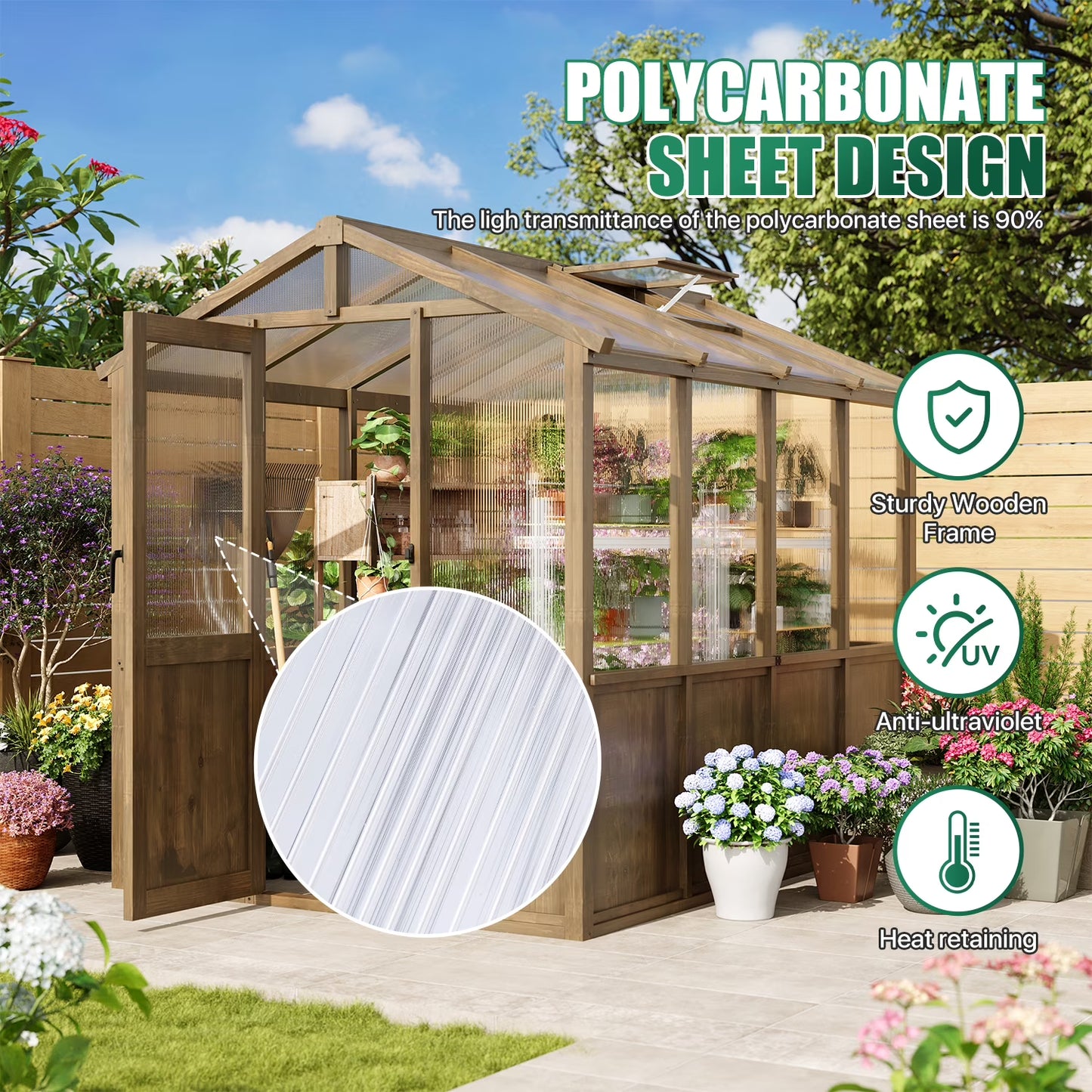 Clouddwell 6x8 FT Wooden Greenhouse, Polycarbonate Panels with Automatic Roof Vent & Lockable Door, Outdoor Walk-in Garden Greenhouse, Gray