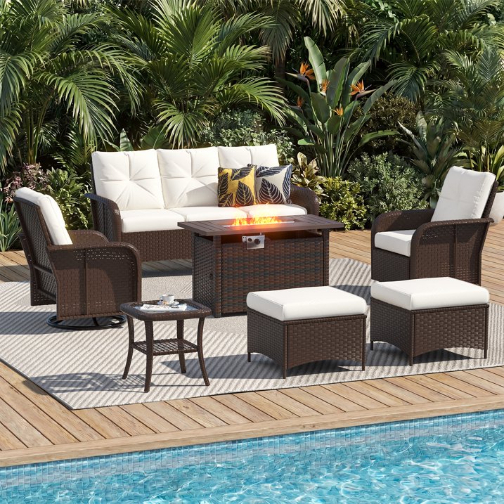 Sunmthink 7-Piece Patio Furniture Set, High Back Swivel Rocker Chairs with Thick Cushions, Wicker Rattan Outdoor Sectional Sofa with Fire Pit & Ottoman, Beige