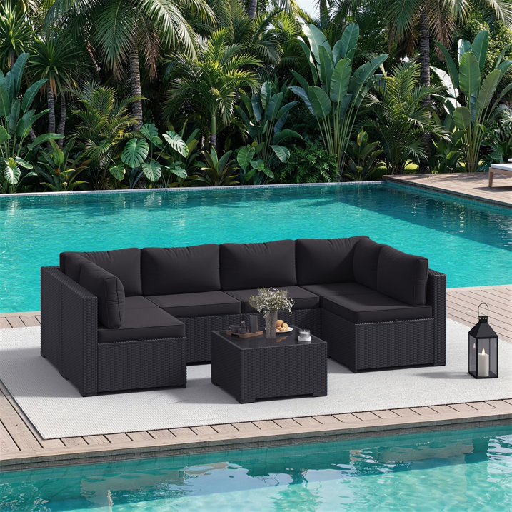Dateyes 7-Piece Patio Furniture Set, All-Weather Wicker Rattan Outdoor Sectional Sofa Set with Coffee Table (Black)