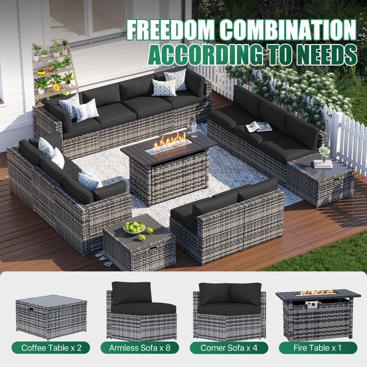 Clouddwell 15 Piece Patio Furniture Set with 44” Fire Pit Table Wicker Rattan Patio Conversation Set Outdoor Sectional Sofa Set with Coffee Table and Black Cushions(Waterproof Cover Included)