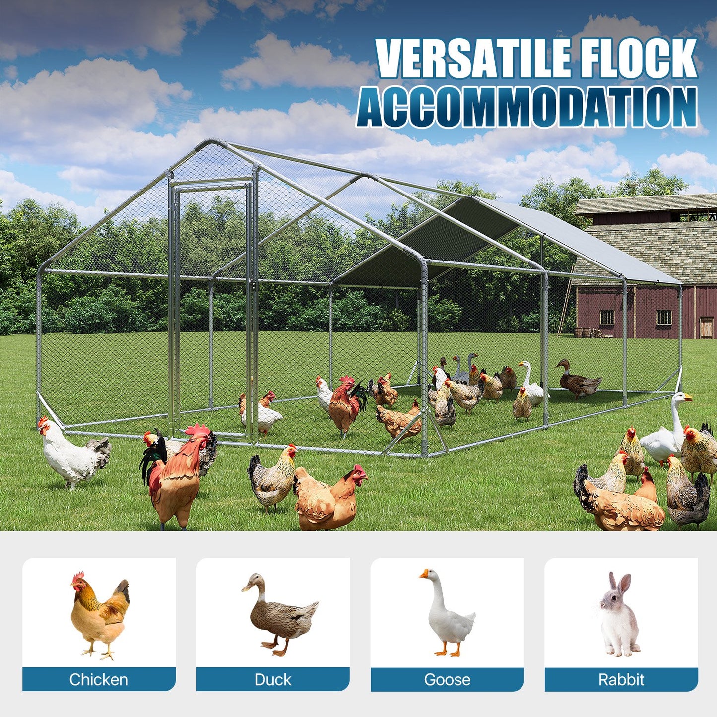 Sunmthink Heavy Duty Metal Chicken Coop Poultry Cage, Large Outdoor Yard Walk-in Enclosure with Waterproof Flat Roof Cover (9.8' L x 13.1' W x 6.4' H)