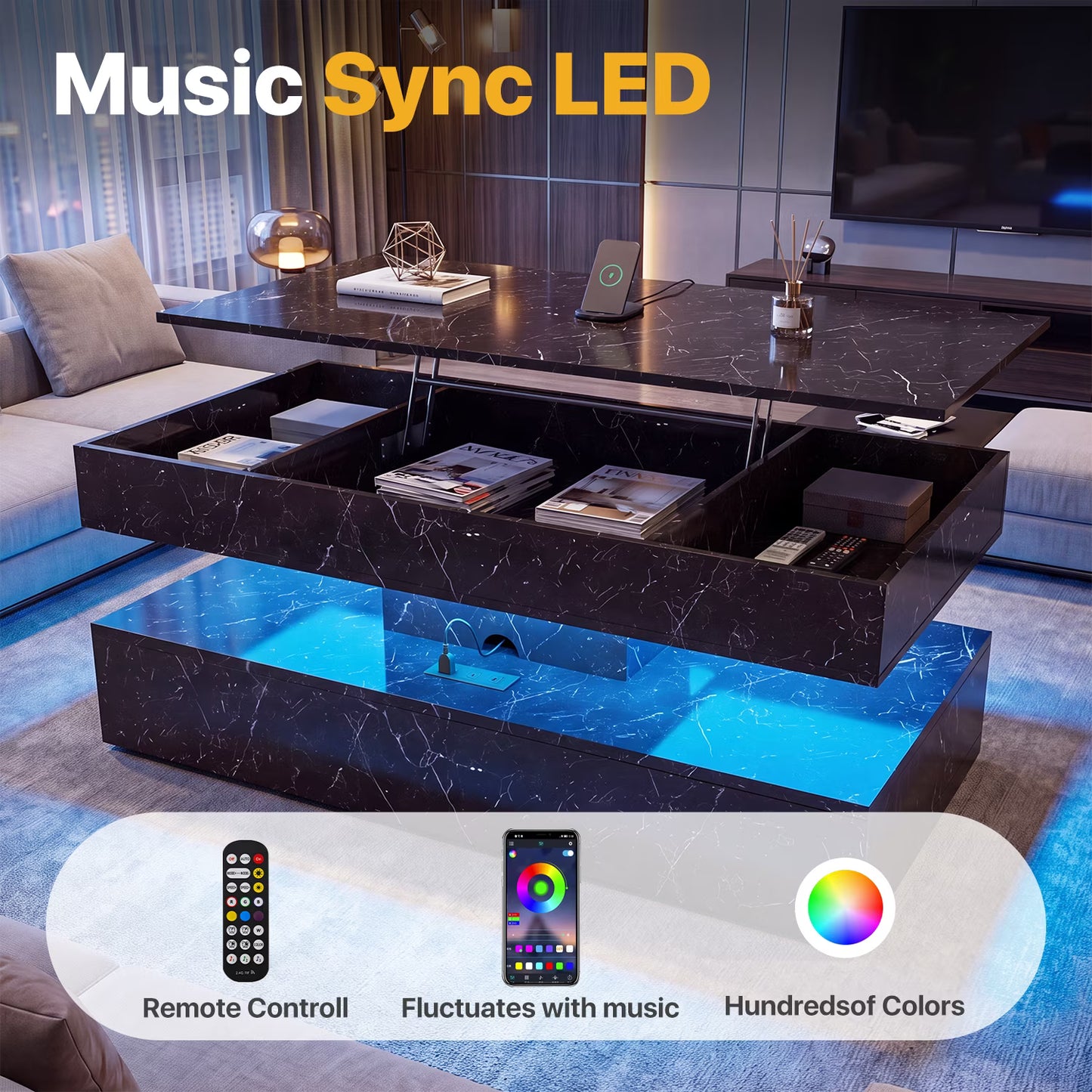 Sonegra 47" High-Glossy LED Lift Top Coffee Table with 2 Sliding Drawers, Large Open Storage Space & Ambient LED Lighting, Modern Double-Layer Livingroom Table, Marble Black