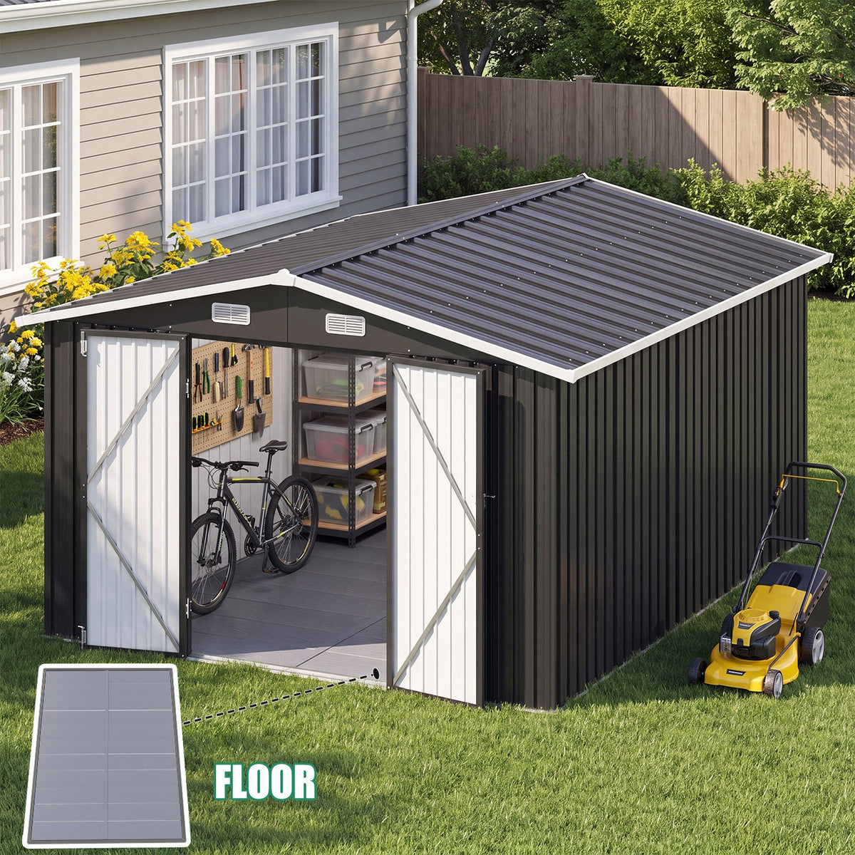 Clouddwell 10x12 FT Outdoor Metal Storage Shed with Floor (12mm PP Floor) & Double Doors for Patio, Backyard - Black