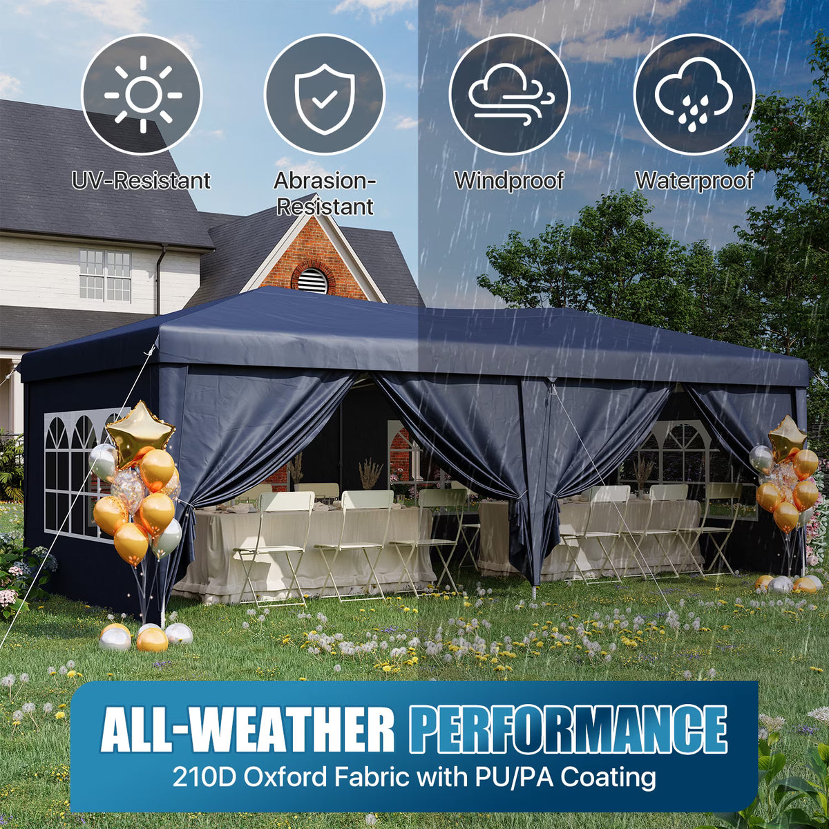 Dateyes 10x20 Pop Up Canopy Tent, Waterproof Party Tent with 6 Removable Sidewalls, 3-Level Height Adjustable Event Tent, Instant Shelter for Wedding, Party, Commercial & Market Events,Blue