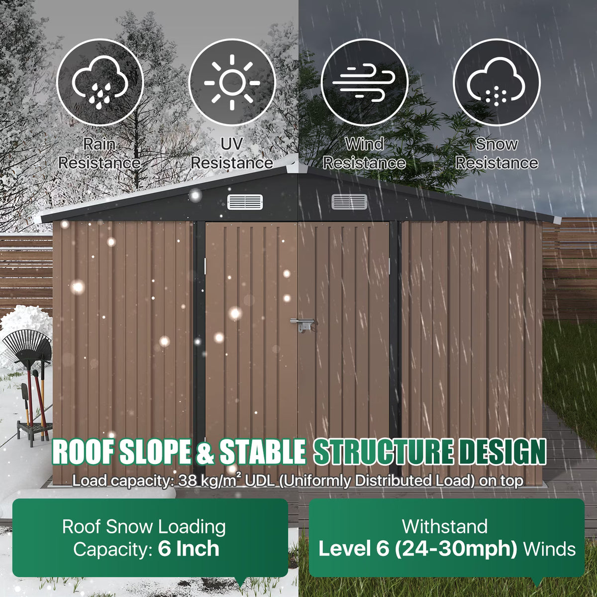 Clouddwell 9.5x11.9 ft. Metal Storage Shed, Weather Resistant Steel Garden Shed with Lock for Outdoor Backyard, Brown