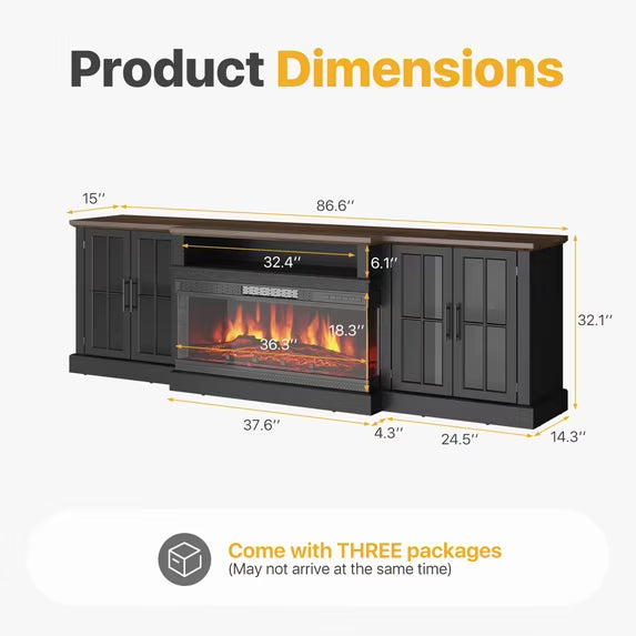 Sonegra 87" Farmhouse TV Stand with Fireplace for TVs up to 90", Media Entertainment Center with Adjustable Shelves and Large Storage Cabinets, for Living Room, Black