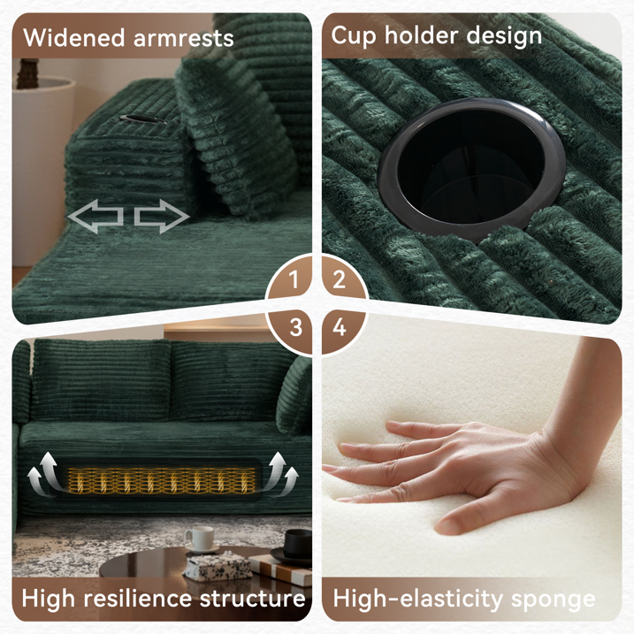 Sunmthink Cloud Couch Corduroy Modular Sectional Sofa L-Shape Boneless Couch with Wide Armrests and Cup Holders for Living Room Bedroom, No Assembly Required (Black)