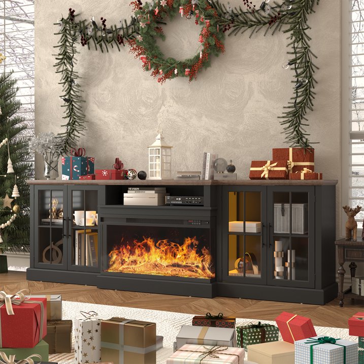Sonegra 98" Farmhouse TV Stand with Fireplace for TVs up to 100", Media Entertainment Center with Adjustable Shelves and Large Storage Cabinets, for Living Room, Black
