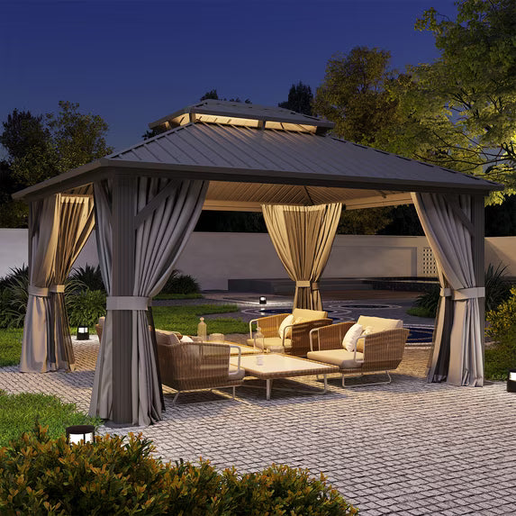 Clouddwell 12' x 16' Gazebo for Patio, Gazebo Pergola with Sloped Roof, Large Wall-Mounted Heavy Duty Awnings, for Deck, Patio and Backyard,Gray