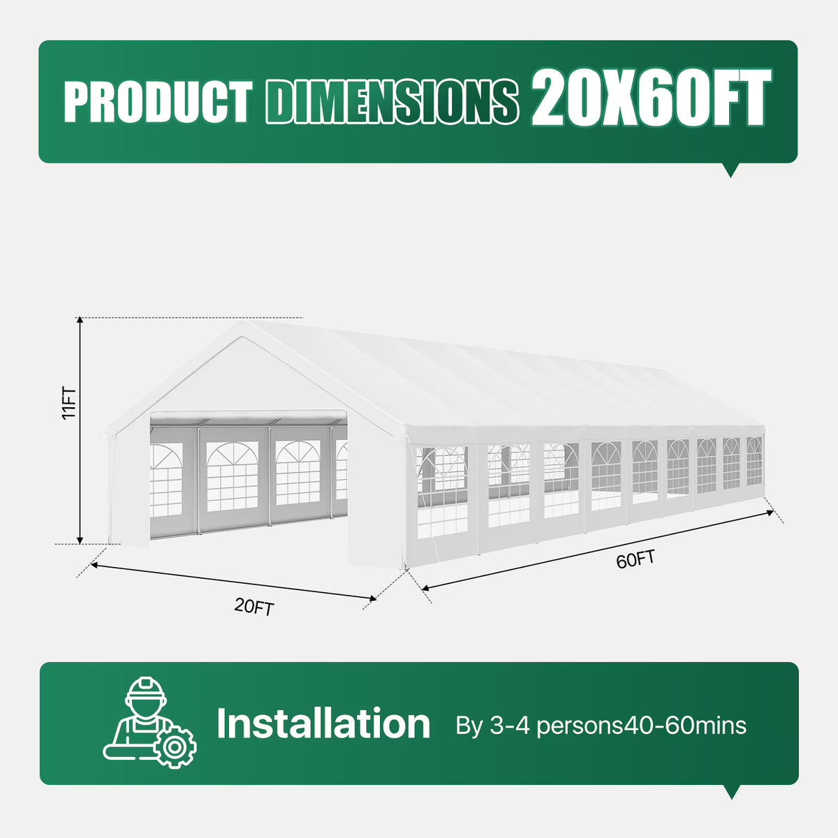 Lazysunsets Heavy Duty 20X60FT Party Tent, Large Outdoor Wedding Tent with Removable Sidewalls & Sandbags, Commercial Wedding Large Tent,Carport, BBQ,UV 50+, Waterproof, White