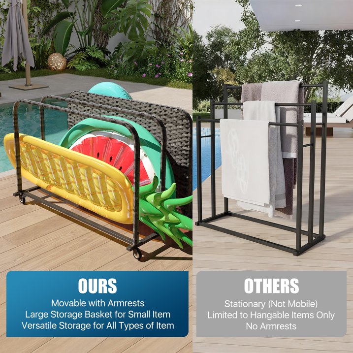 Sunmthink Outdoor Poolside Storage Cart with Wheels, 3-Tier Wicker Towel & Toy Organizer for Pool, Gray