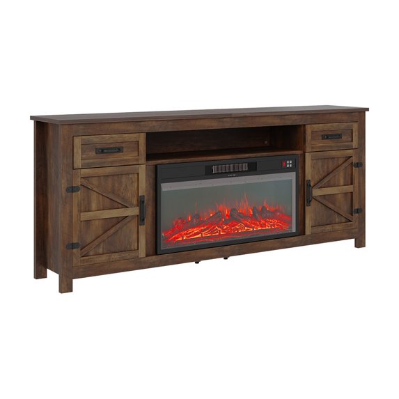Sonegra 80" Fireplace TV Stand, Entertainment Center for TVs Up to 90”, TV Console with Storage Cabinets, Media Console for Living Room, White TV Stand and Black Fireplace, Brown
