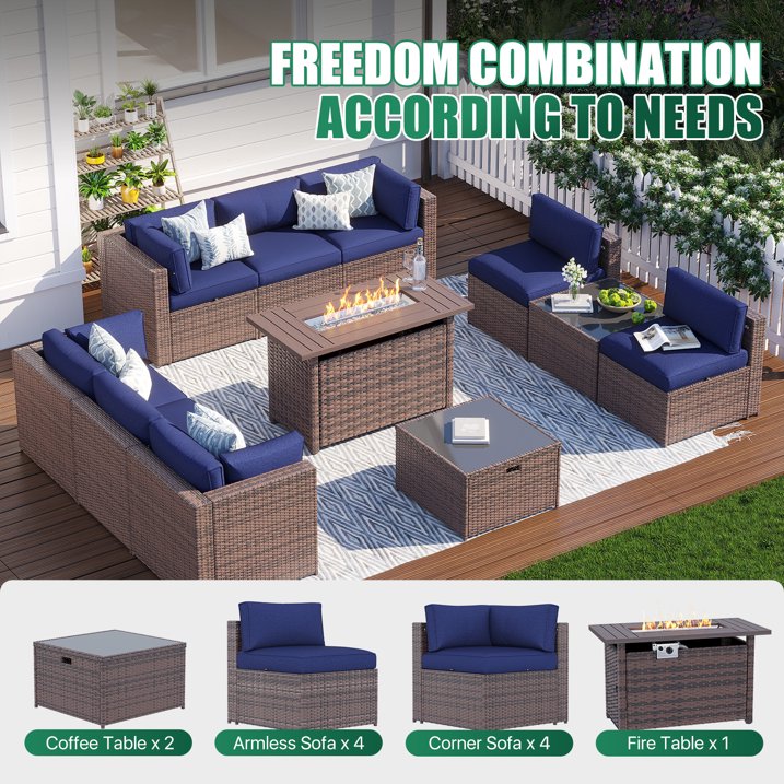 Clouddwell 11 Piece Patio Furniture Set with 44” Fire Pit Table Wicker Rattan Patio Conversation Set Outdoor Sectional Sofa Set with Coffee Table and Blue Cushions(Waterproof Cover Included)