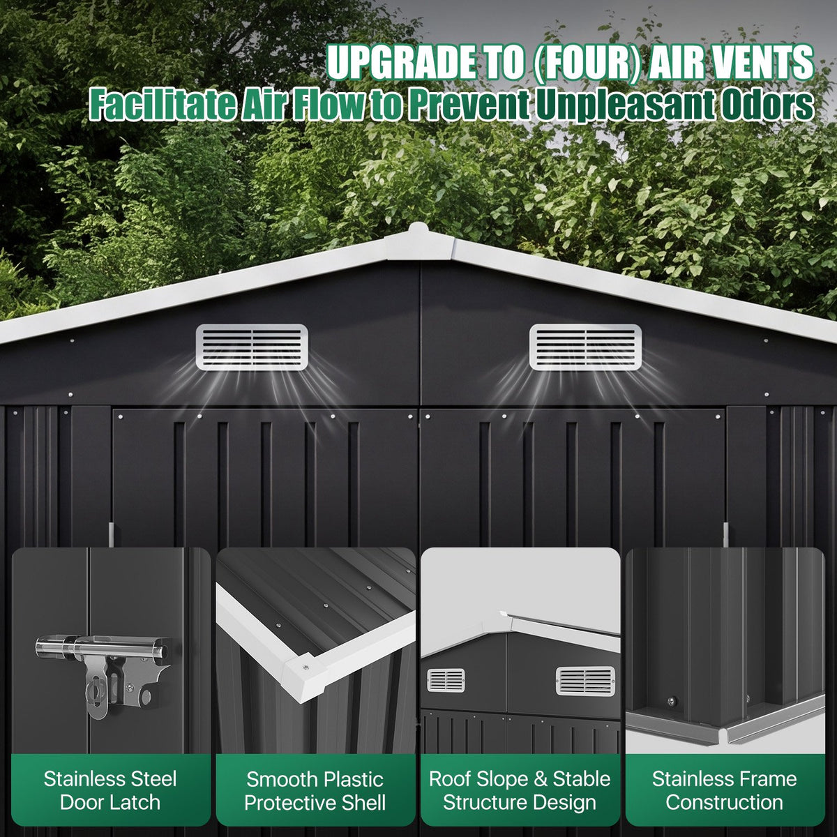 Clouddwell 10x12 FT Outdoor Metal Storage Shed with Floor (12mm PP Floor) & Double Doors for Patio, Backyard - Black