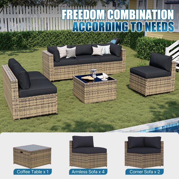 Sunmthink Patio Furniture Sets, 7-Piece Outdoor Patio Furniture with Thick Cushions, Wicker Outdoor Conversation Set and Waterproof Cover for Backyard, Poolside, Garden
