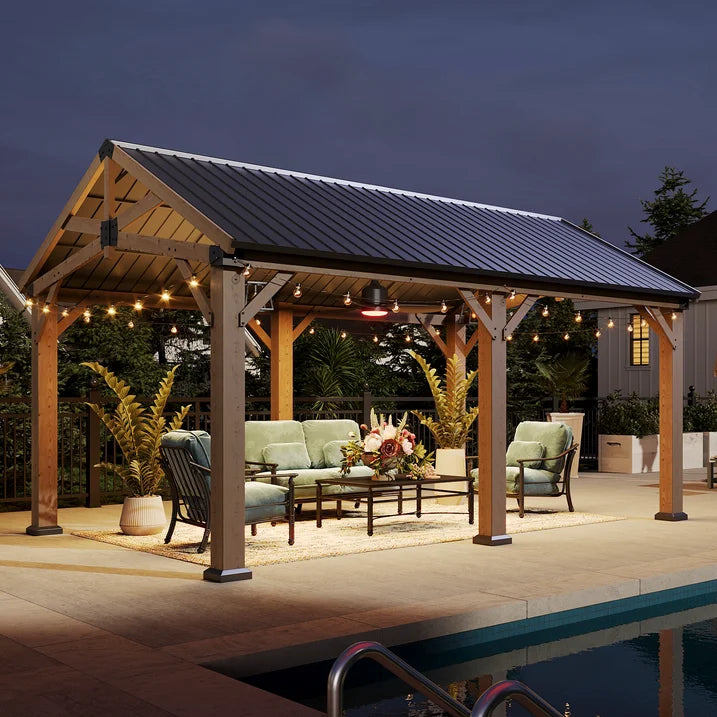 Sunmthink 12' x 16' Outdoor Wood Frame Gazebo, Hardtop Gazebo with Galvanized Steel, Permanent Wooden Pavilion for Patio Backyard Lawn Garden