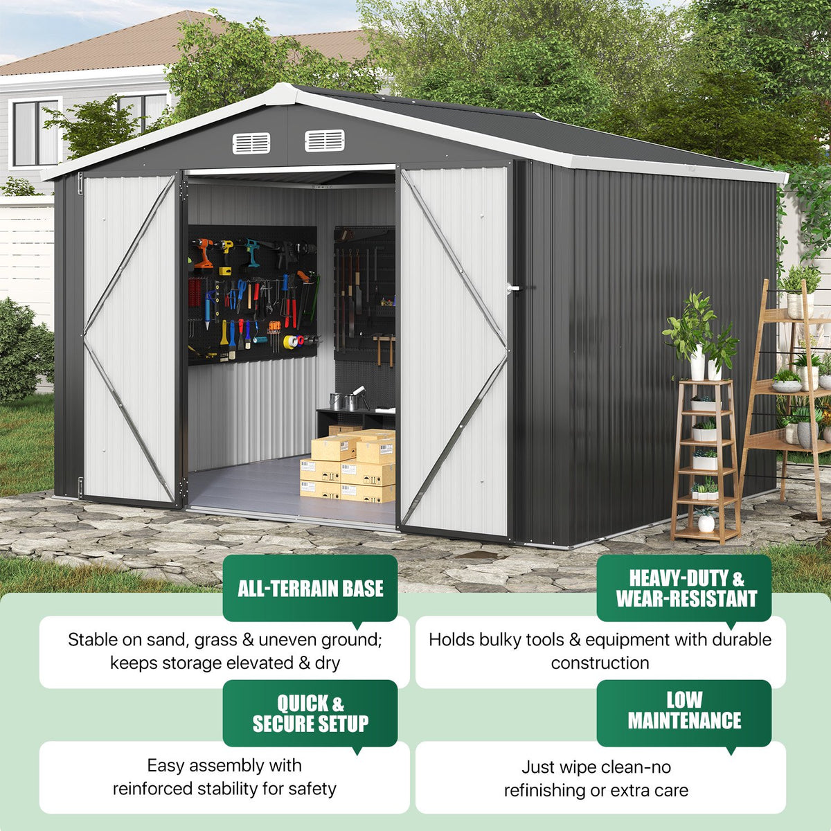 Clouddwell 10x8 FT Outdoor Metal Storage Shed with Floor (12mm PP Floor) & Double Doors for Patio, Backyard - Black