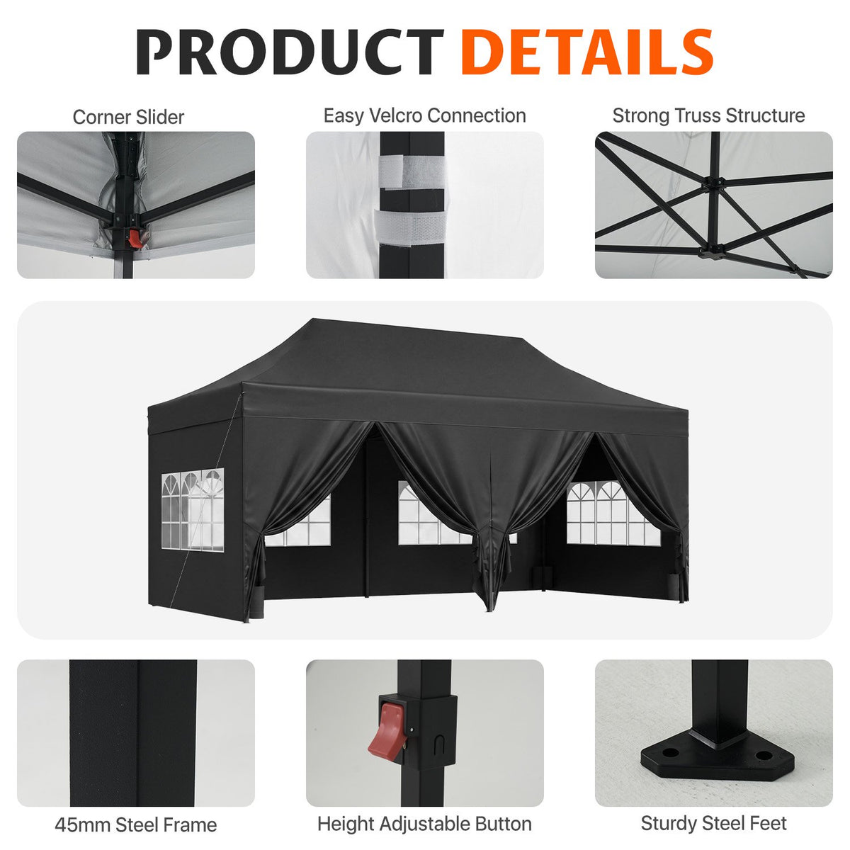 Dateyes 10x20 FT Pop Up Canopy Tent with 45mm Heavy Duty Steel Frame, Waterproof Outdoor Canopy, 3-Level Adjustable Height, Instant Party Tent with Roller Bag, Black