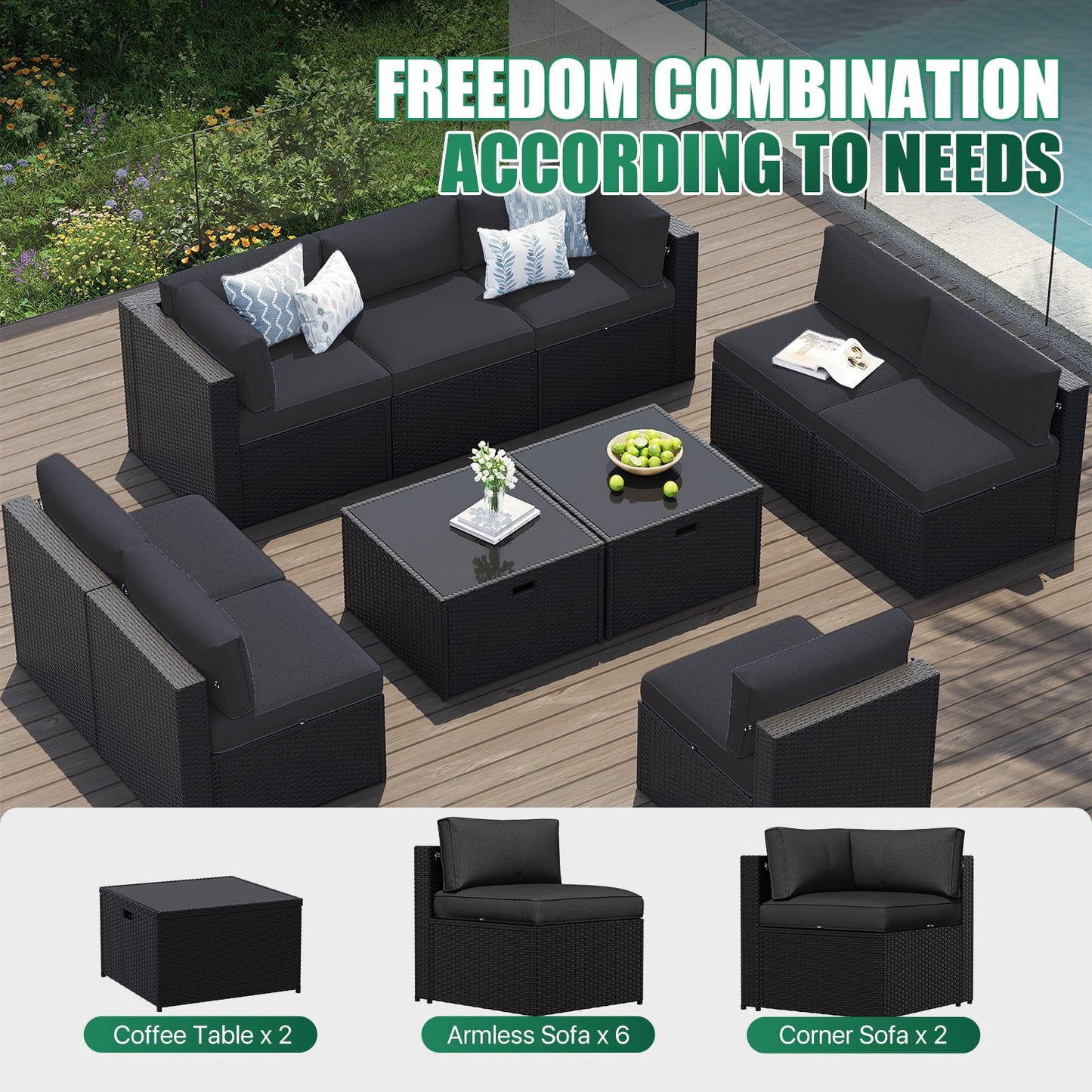 Clouddwell 10-Piece Patio Furniture Set on Sale, Black Rattan Wicker Outdoor Sectional Sofa Couch with Table Patio Conversation Set for Lawn& Backyard,Black