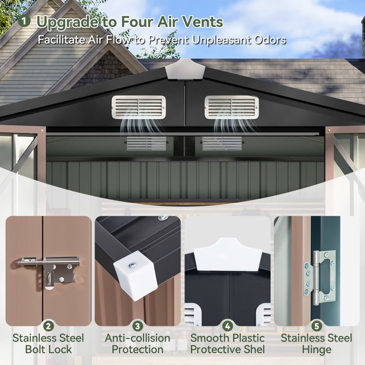 Aoxun 6 x 4 ft Outdoor Metal Storage Shed with Lock, Galvanized Metal Shed with Air Vents, Brown