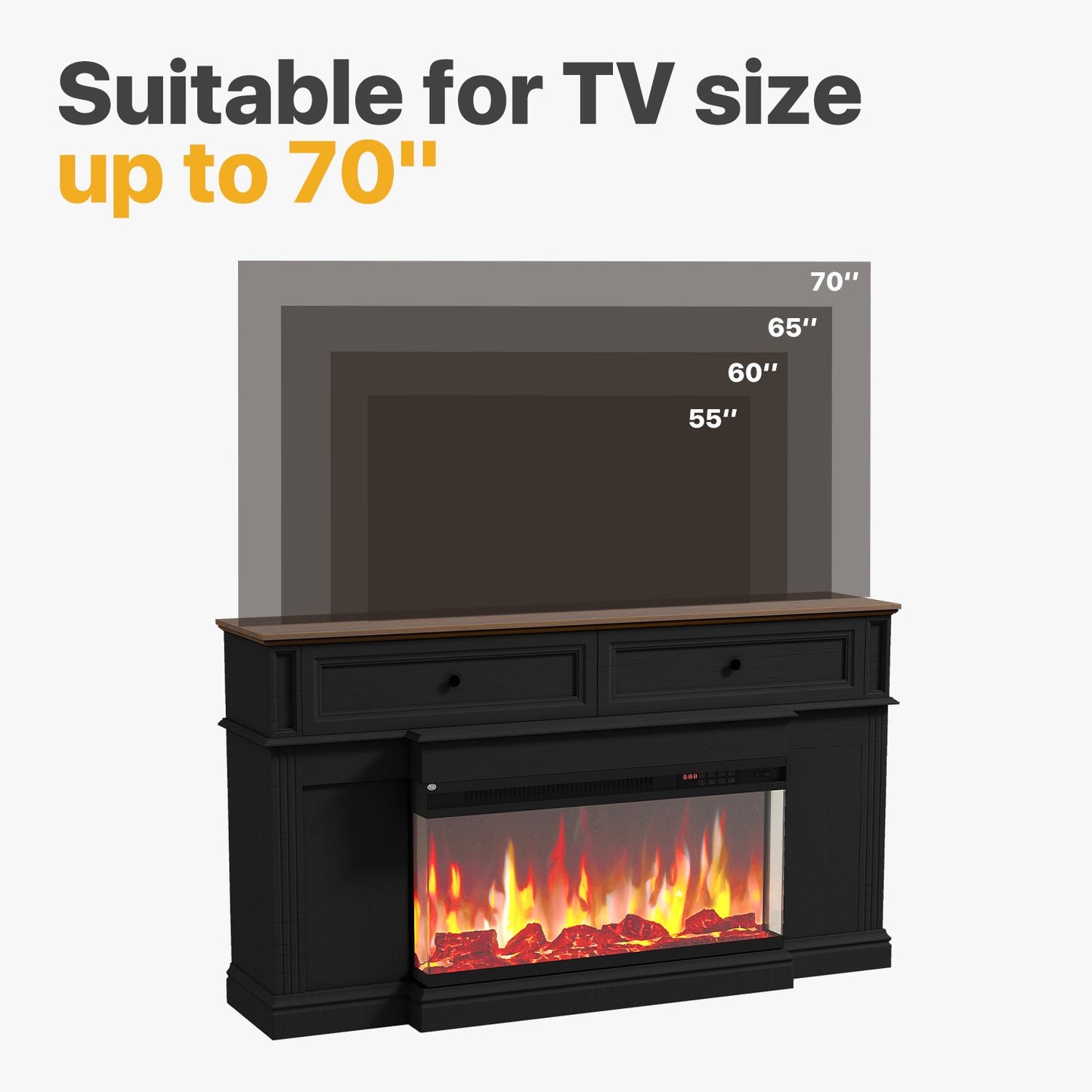 Sonegra Fireplace TV Stand for TVs up to 70" with 36" Fireplace, Farmhouse Entertainment Center with Fireplace, Wooden Media Console for Living Room, Black